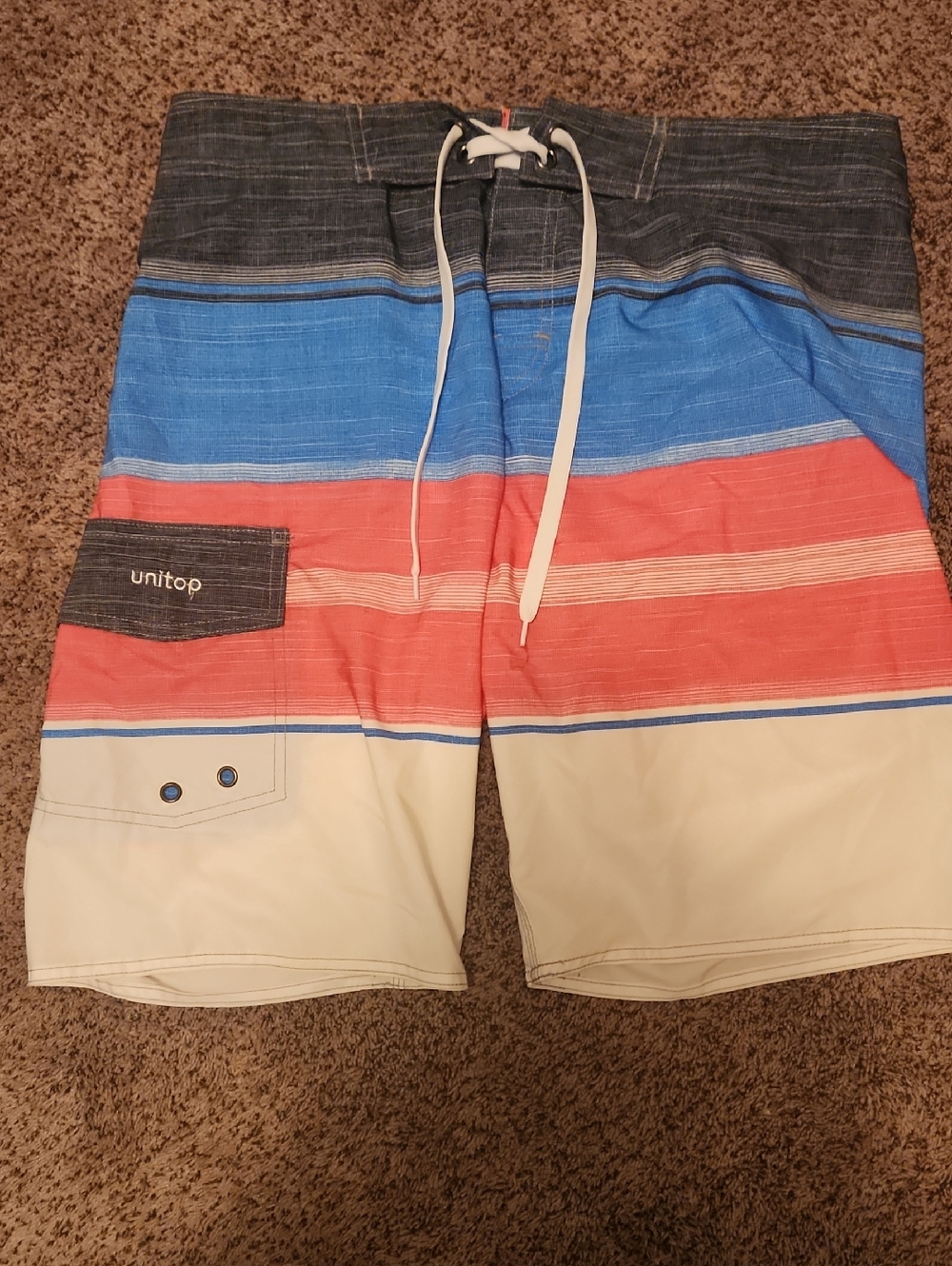 Unitop Men's Blue, Coral & Cream Stripe Swim Board Shorts